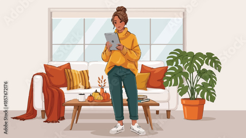 Young woman using a digital tablet in a cozy autumn-themed living room