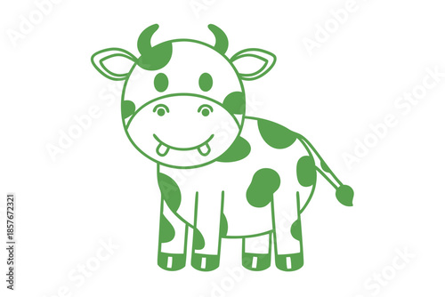 Cheerful cartoon cow with green spots smiles sweetly, isolated on a clean white surface