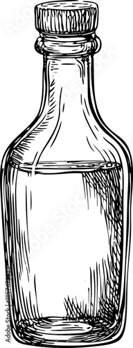 Elegant glass bottle with a wooden cap containing liquid.