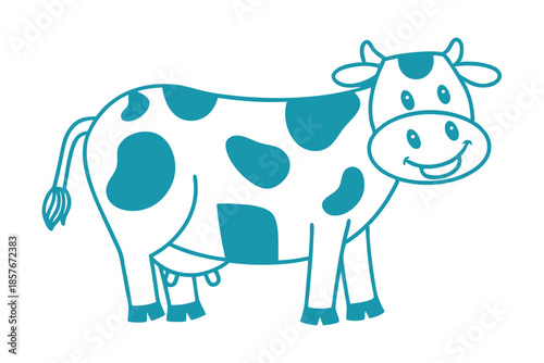 A smiling cartoon cow is isolated on a white background in a line drawing