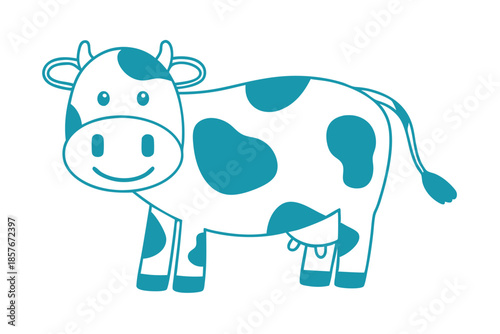 Cartoon teal dairy cow stands peacefully, its white coat dappled with playful turquoise spots