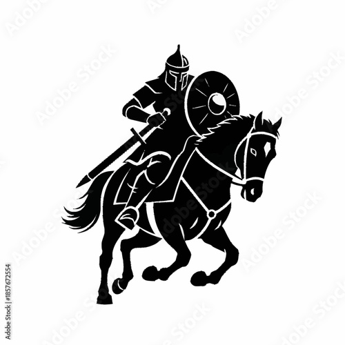 Medieval Knight Warrior Riding Horse with Sword and Shield.