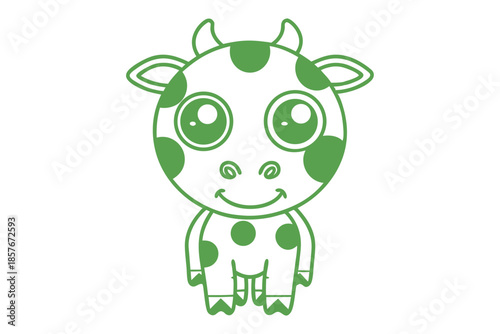 Cute green cow has spots on its face and body standing still