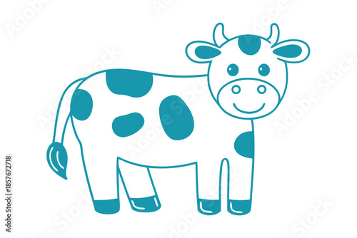 Cartoon cow with teal spots is smiling, standing still, and looking forward