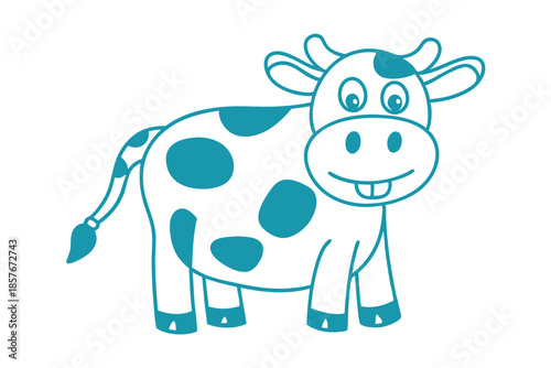 Simple happy cartoon cow with teal outline stands cheerfully on a white backdrop