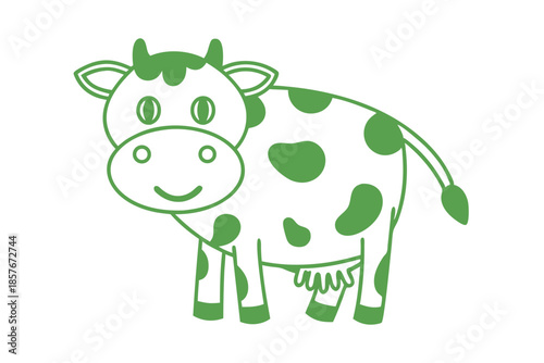 Cartoon cow with green spots and outline stands on a white background, smiling