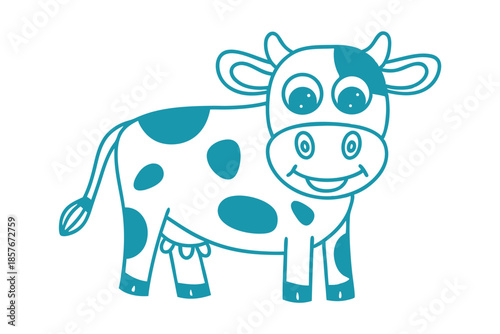 Adorable outlined cow cartoon features teal patches and a cheerful smile on a white backdrop