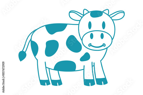 Cartoon teal cow with spots stands smiling on a simple white background