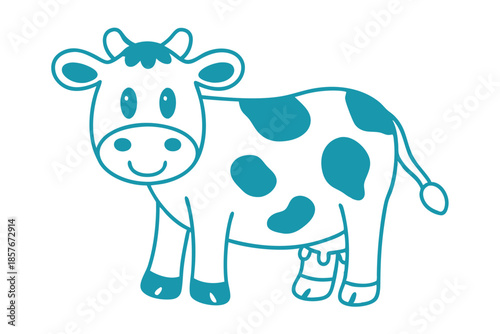 Cheerful teal cow stands with big eyes and a smiling face, isolated on white