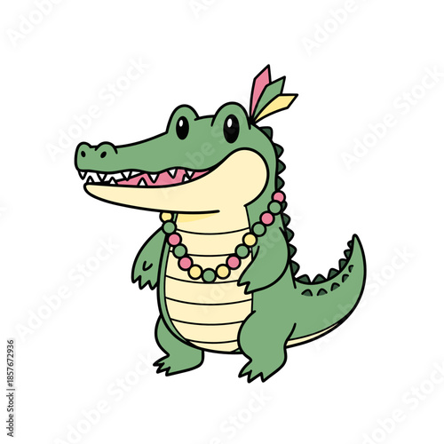 Cartoon alligator mascot wearing necklace and feather decoration  