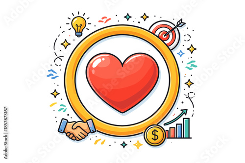 Heart emblem with business symbols: handshake, target, lightbulb, dollar coin, growth chart