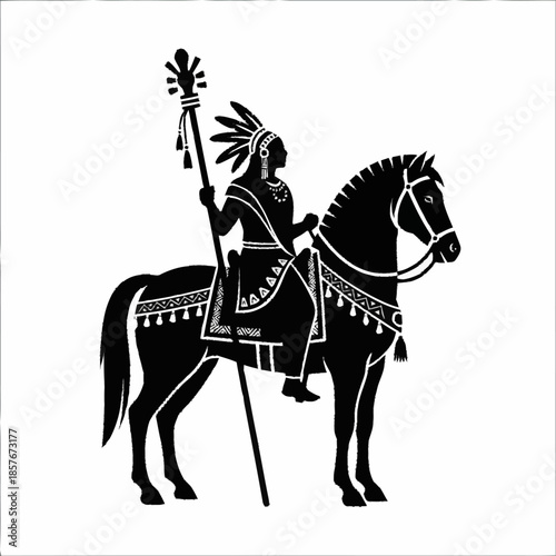 Native American Warrior on Horseback Holding Staff.