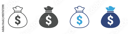 Money Bag Icon Set, Cash Savings and Profit Symbols, Finance and Investment Concept, Vector Illustration