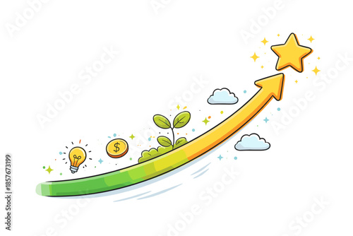 Growth and success: arrow reaching star amidst clouds and icons