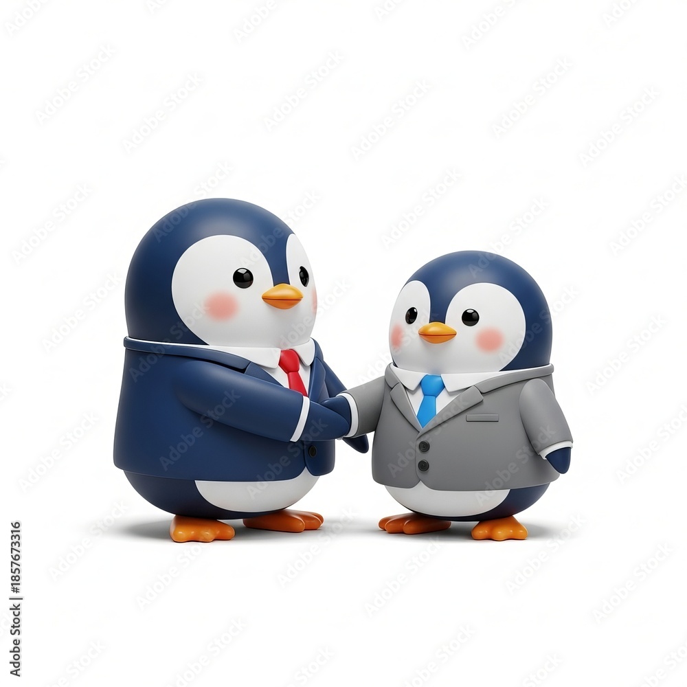 Fototapeta premium Cute 3D Penguin Business Characters Shaking Hands in Formal Suits