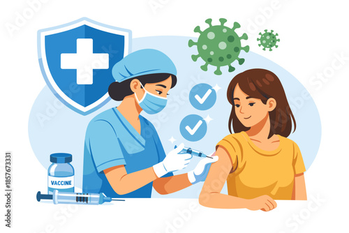Female healthcare worker administering vaccine to young female patient with medical icons