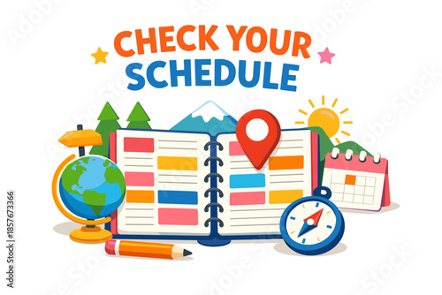 Colorful planner and calendar with location icon and world globe for schedule management