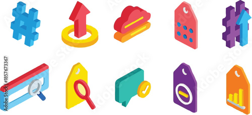 Collection of Colorful Isometric Icons for Social Media, Data, and E-commerce