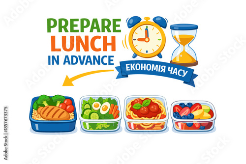 Prepare lunch in advance: meal prep containers with healthy food and time management icons