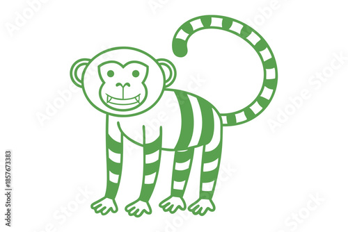 Striped, cartoonstyle green monkey smiles, showing a toothy grin, set against a white background