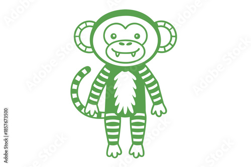 Striped stylized green monkey with fangs smiles playfully on a solid white surface