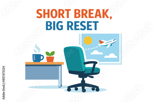 Office break inspiration poster with chair, coffee, and airplane window view