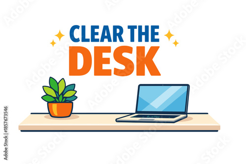 Clear desk with laptop and plant illustration on white background