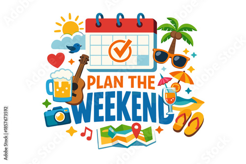 Fun weekend planning with calendar, sun, beach and leisure activities icons