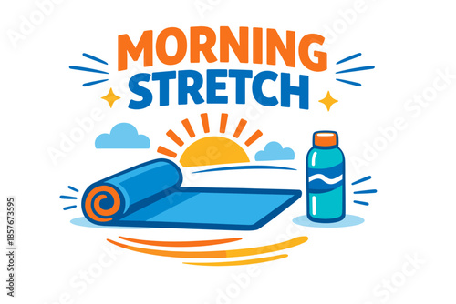 Morning stretch with yoga mat and water bottle in vibrant sunrise illustration