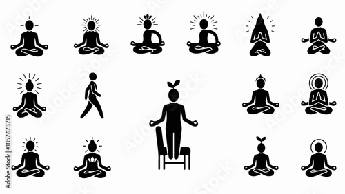 Various yoga and meditation poses illustrated in simple black silhouettes against a white background