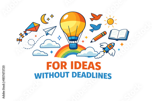 Colorful creativity with hot air balloon, rainbow, and inspirational symbols