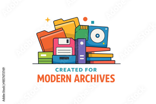 Colorful archive icons: folders, books, disks, modern design