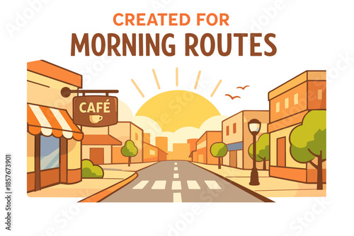 Charming sunrise street with café and shops