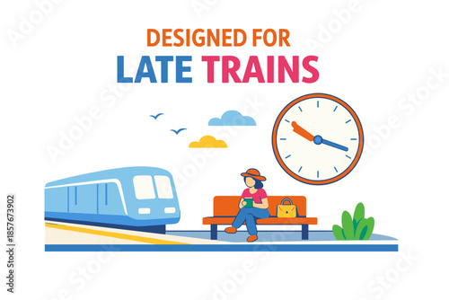Illustration of delayed train with clock and waiting passenger at station