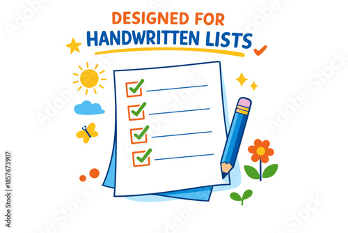 Colorful checklist design featuring handwritten lists with pencil and nature elements