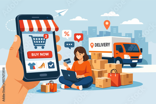 Online shopping concept with female using laptop and delivery truck in urban setting