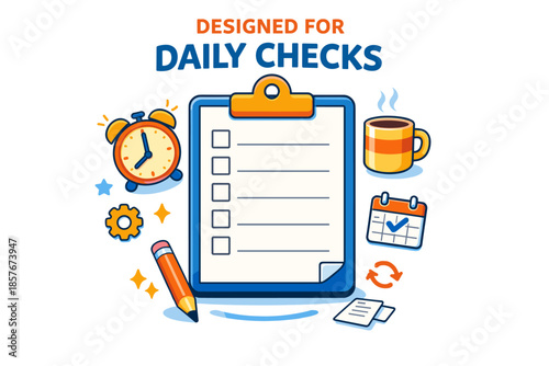 Organized daily checks: clipboard, alarm clock, calendar, coffee, pencil, and gear icons