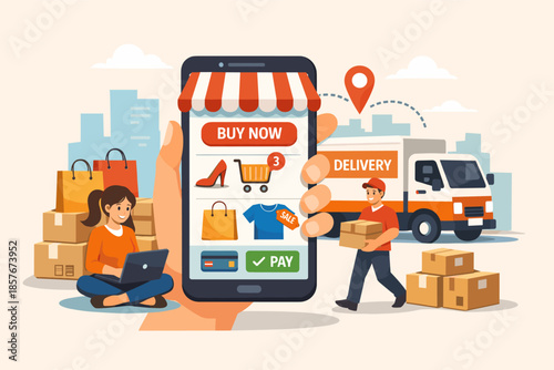 Online shopping concept with delivery, female with laptop, male courier, e-commerce app on smartphone