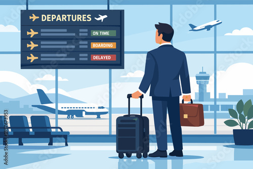 Businessman at airport terminal departure board observing flight status with luggage