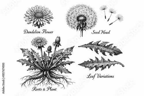 Detailed dandelion botanical illustration with flower, seed head, roots, and leaf variations