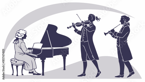 Period Classical Music Ensemble Silhouette Illustration Musicians Playing Piano Violin and Woodwind Instrument Performance