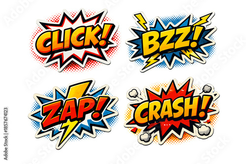 Comic book sound effect stickers: click, bzz, zap, crash