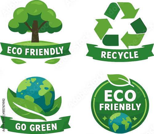 Eco-friendly icons featuring recycling and go green symbols