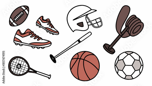 Diverse Sports Equipment Flat Vector Illustration Set for Athletic Training Fitness Websites and Competition Graphics