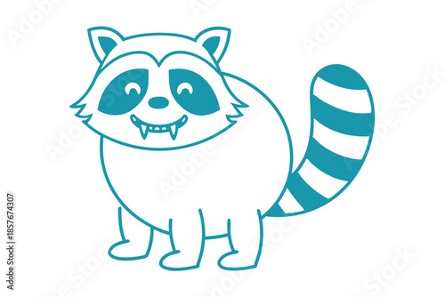 Cheerful raccoon outlined in blue stands cutely with its striped tail displaying its tiny fangs