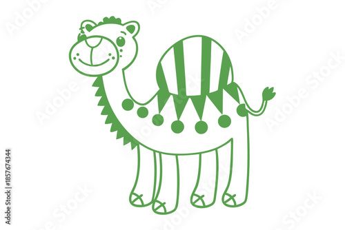 Cartoon camel outlined in green features striped hump, spiky mane, and smiling expression