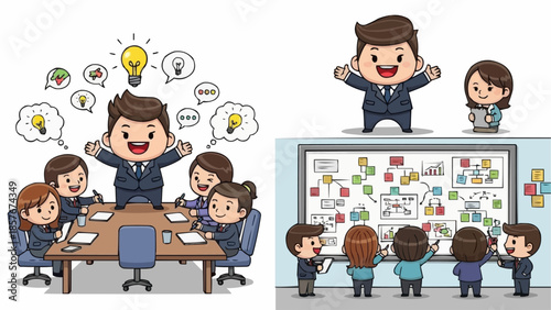 Cartoon Business Team Brainstorming and Planning Strategy.