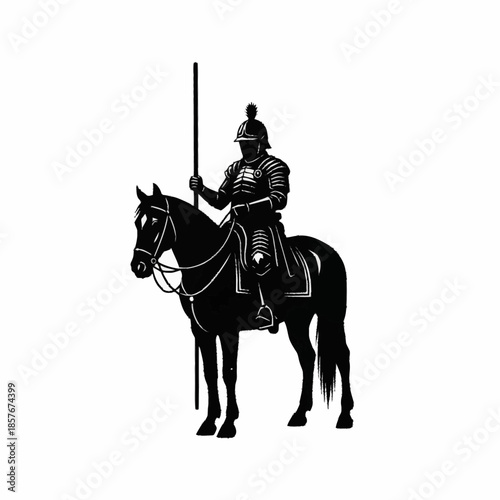 Silhouette of a Knight in Full Armor on Horseback Holding a Lance.