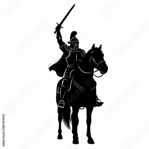 Silhouette of a Knight in Armor on Horseback with Sword Raised.