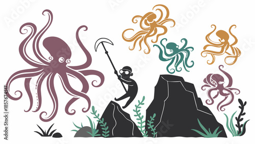 Determined Climber Scaling Underwater Rocks Surrounded by Octopuses Flat Illustration of Facing Competition and Business Risk